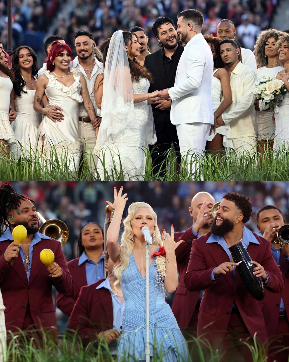 RDTLadyGaga's tweet photo. Em 2011, Lady Gaga cantava sobre um casamento na Costa Oeste, na música Americano, do Born This Way.

Em 2026, Lady Gaga e o grupo Los Sobrinos cantaram durante o #SuperBowlLX em um casamento real na Costa Oeste dos Estados Unidos, onde fica o Levi's Stadium.

🥹❤️ https://t.co/VssugZeyGH