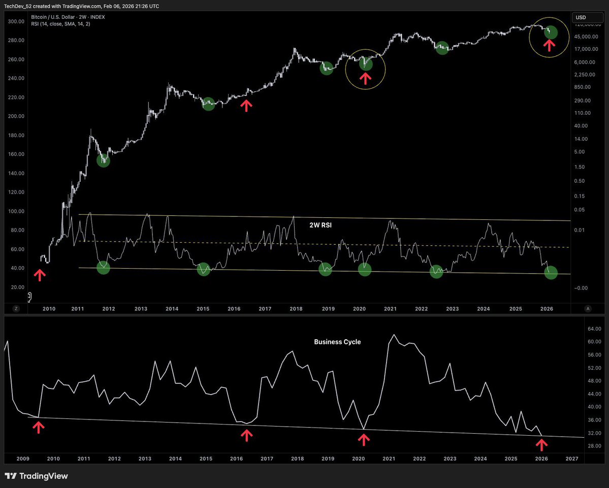 cryptorand's tweet image. The Business Cycle and the RSI are totally aligned. Both pointing for the full bull reversal.

Source @TechDev_52