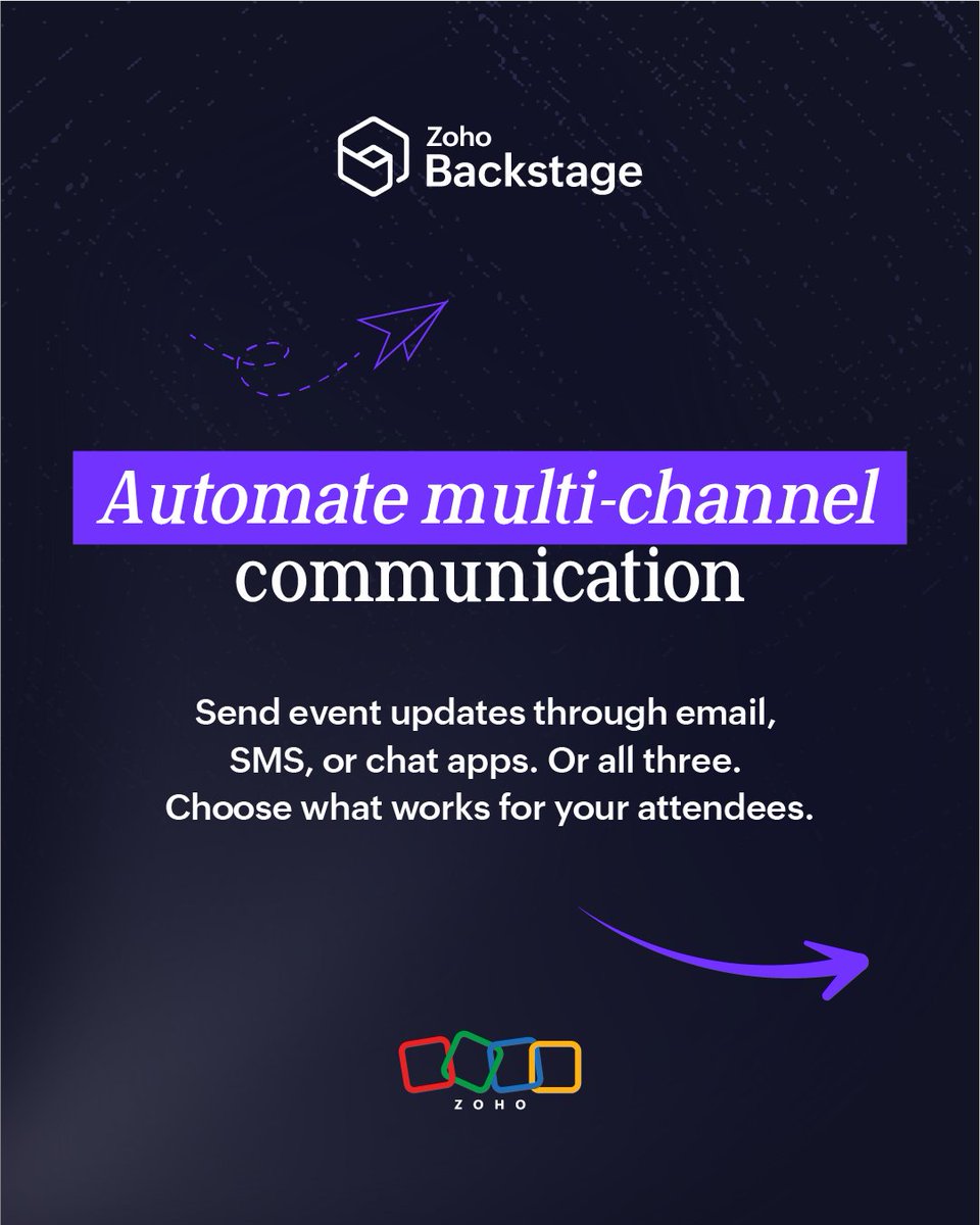 ZohoBackstage's tweet photo. Event automation with Backstage:
→ Multi-channel communication.
→ Custom functions with simple code.
→ Automatic app connections.
→ Data flows without manual work.
Build workflows for your specific needs.
Learn more 👉: https://t.co/WF58PwW2cA
#EventTech #EventAutomation https://t.co/tx5TSVG8Tt