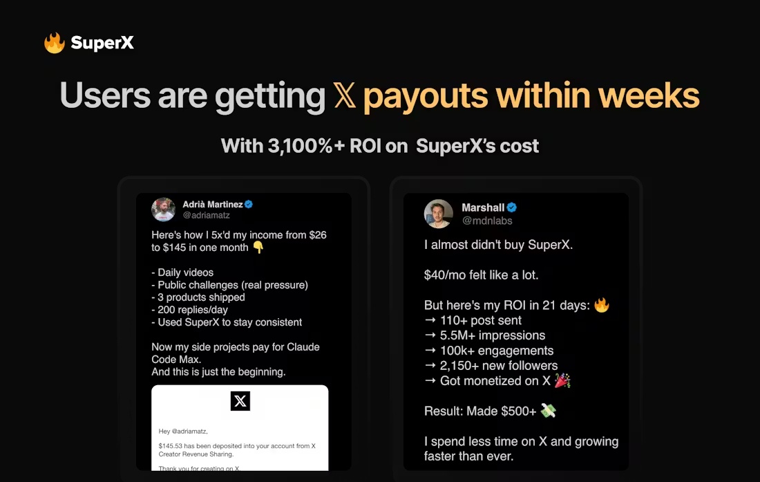 🚨if you want to earn X payouts in the next 90 days, this is for you

with SuperX, creators are going viral and starting to see payouts in just weeks

even HUGE creators like Dan Koe use it 😱

so if you’re still sleeping on X, you might regret it big time

we launched it today