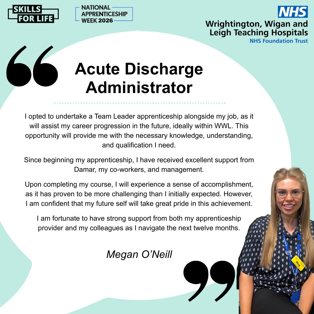 WWLNHS's tweet photo. We’re excited to share another inspiring story from one of our fantastic WWL colleagues! Discover what motivated Megan to begin her apprenticeship journey.
#NAW2026 https://t.co/fkBRLLgv4V