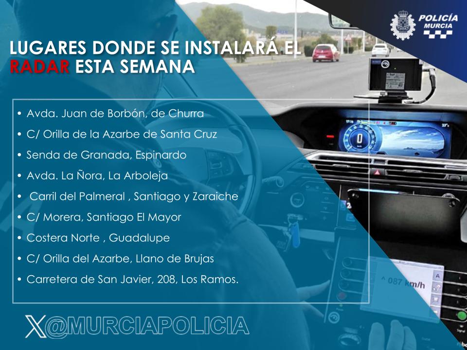 MurciaPolicia's tweet image. 📍 Esta semana, el radar estará operativo en estos puntos.
Tu seguridad es lo primero: respeta los límites de velocidad y mantén la atención al volante. 🚗
#SeguridadVial #ConduceSeguro
