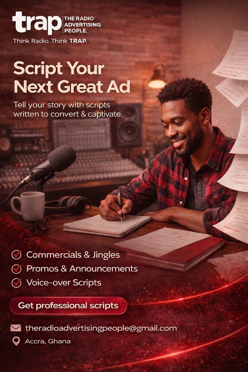 🎙️ Words sell. Stories stick. Scripts convert.

At #TRAP, we write powerful scripts for:
✅ Radio commercials
✅ Jingles &amp; promos
✅ Voice-over campaigns
If your message matters, your script should too.
📩 theradioadvertisingpeople@gmail.com

Think Radio. Think TRAP.