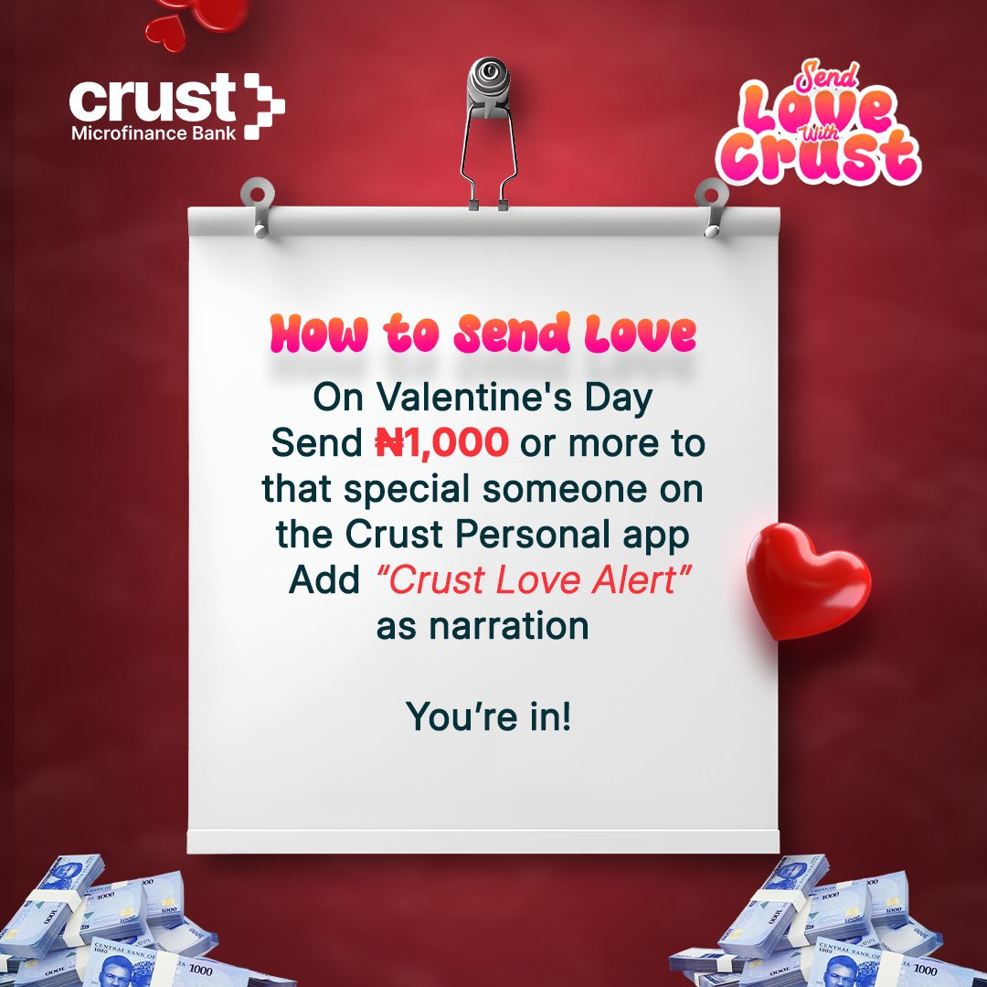 crustmfb's tweet image. Love isn’t just said — it’s sent 💌
This Valentine, Send Love with Crust and stand a chance to win ₦10,000.

Head to our IG for all the details.

Challenge ends after midnight on the 14th.

Winners will be announced shortly. Stay tuned.

#CrustPersonal #CrustLoveAlert