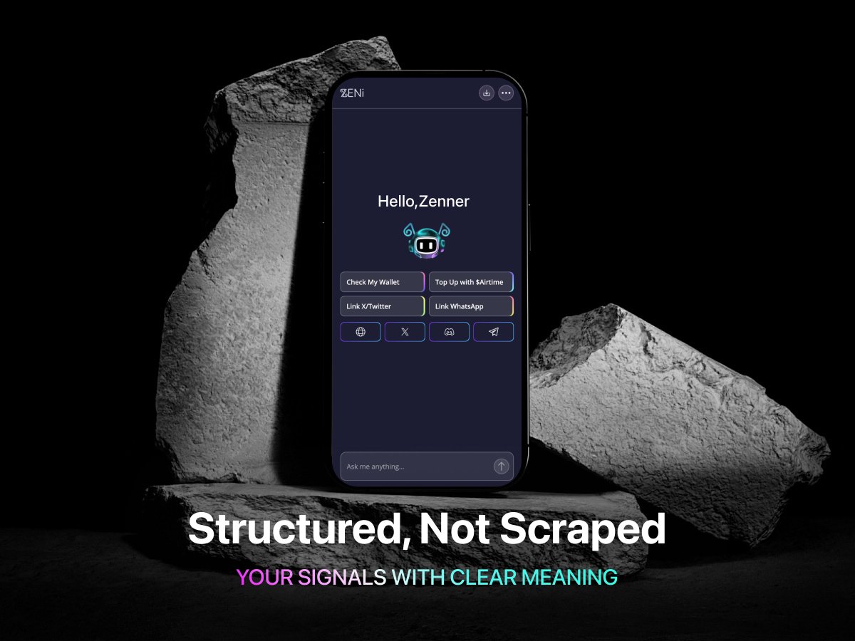 ZENi_io's tweet image. 🧩 Most users never know how their data is interpreted.

On ZENi, your contributions are mapped into a transparent, unified schema
with clear provenance — what happened, when, and how it was captured.

👉 Participate in ZENi: a system where your signals are structured, not…