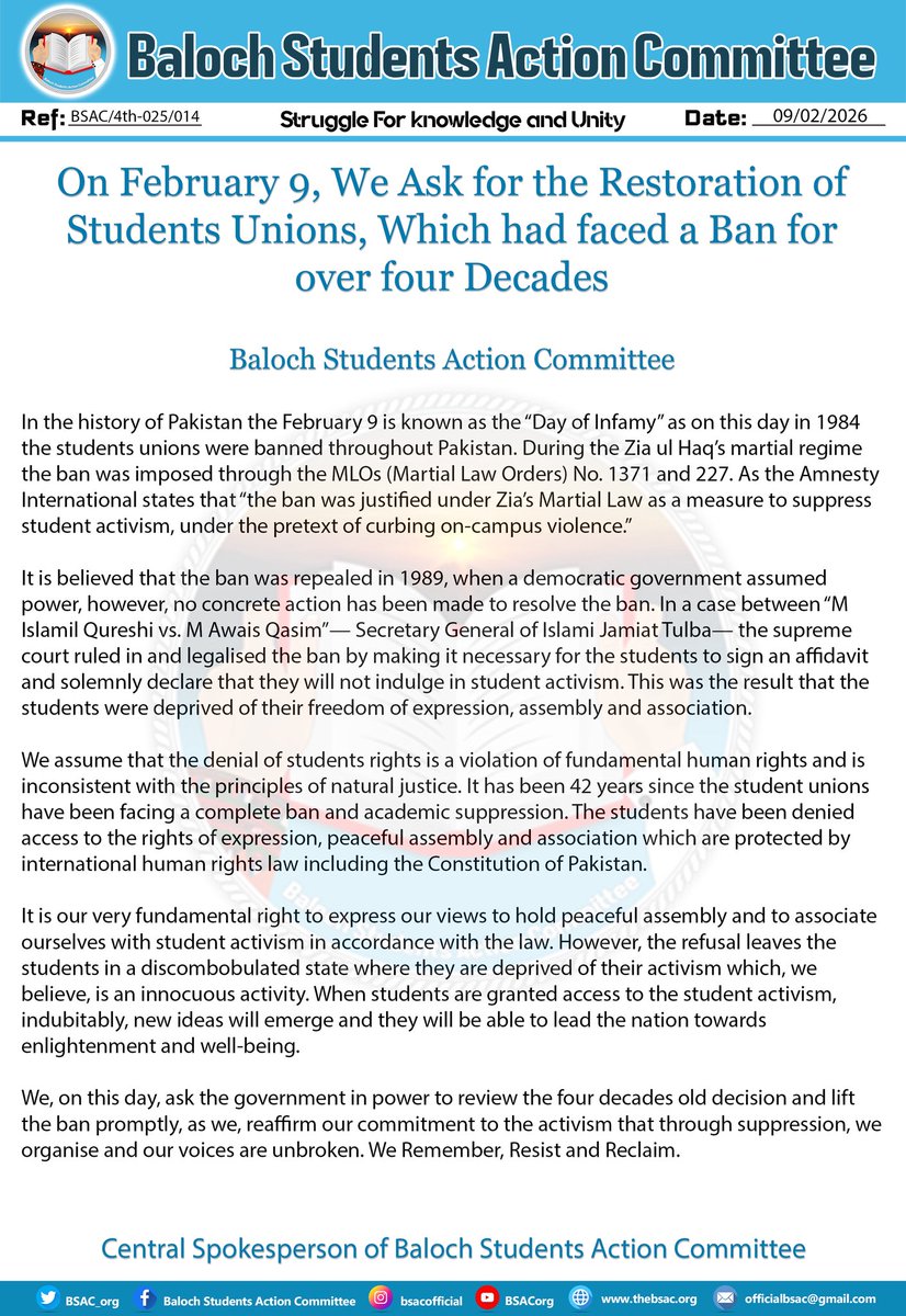 On February 9, We Ask for the Restoration of Students Unions, Which had faced a Ban for over four Decades

Baloch Students Action Committee

In the history of Pakistan the February 9 is known as the “Day of Infamy” as on this day in 1984 the students unions were banned throughout