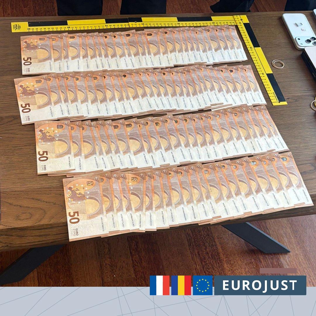 Eurojust's tweet photo. 🚨 Action against EUR 306 million money laundering network

⚖️ 13 arrested in 🇫🇷 and 🇷🇴 following investigations coordinated through a JIT at Eurojust into a group suspected of laundering profits from drug trafficking &amp; other crimes.

👉 https://t.co/MewM1GTeDU https://t.co/OZqVVWMxUZ