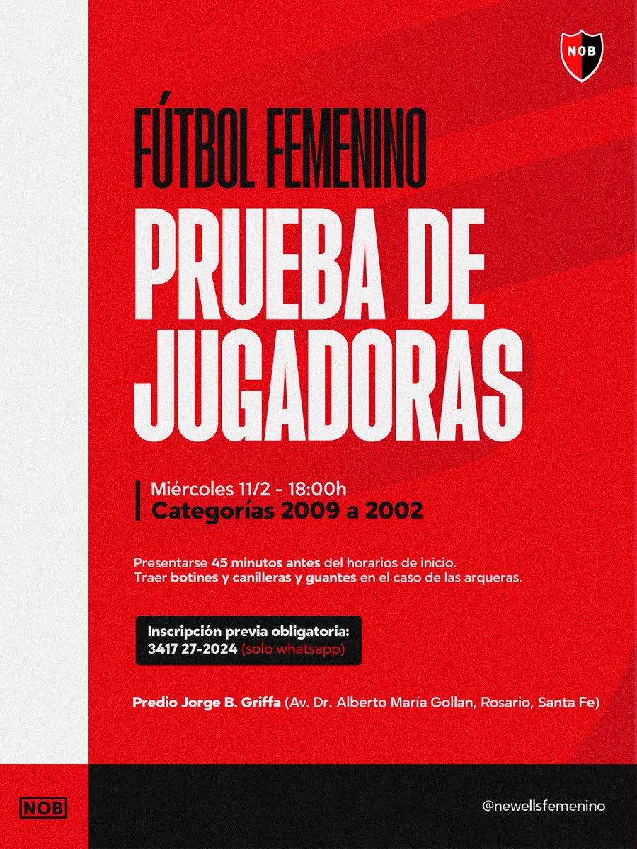 NewellsFem's tweet photo. Prueba de jugadoras 🏃‍♀️⚽️

📌 Este miércoles, desde las 18 h, se realizarán pruebas desde la categoría 2009 a 2002.

📲 Sólo con inscripción previa por WhatsApp al 341 7272024.

📍Centro de Entrenamiento Jorge Griffa. 

¡Las esperamos! ❤️🖤 https://t.co/pjzmbgsloF