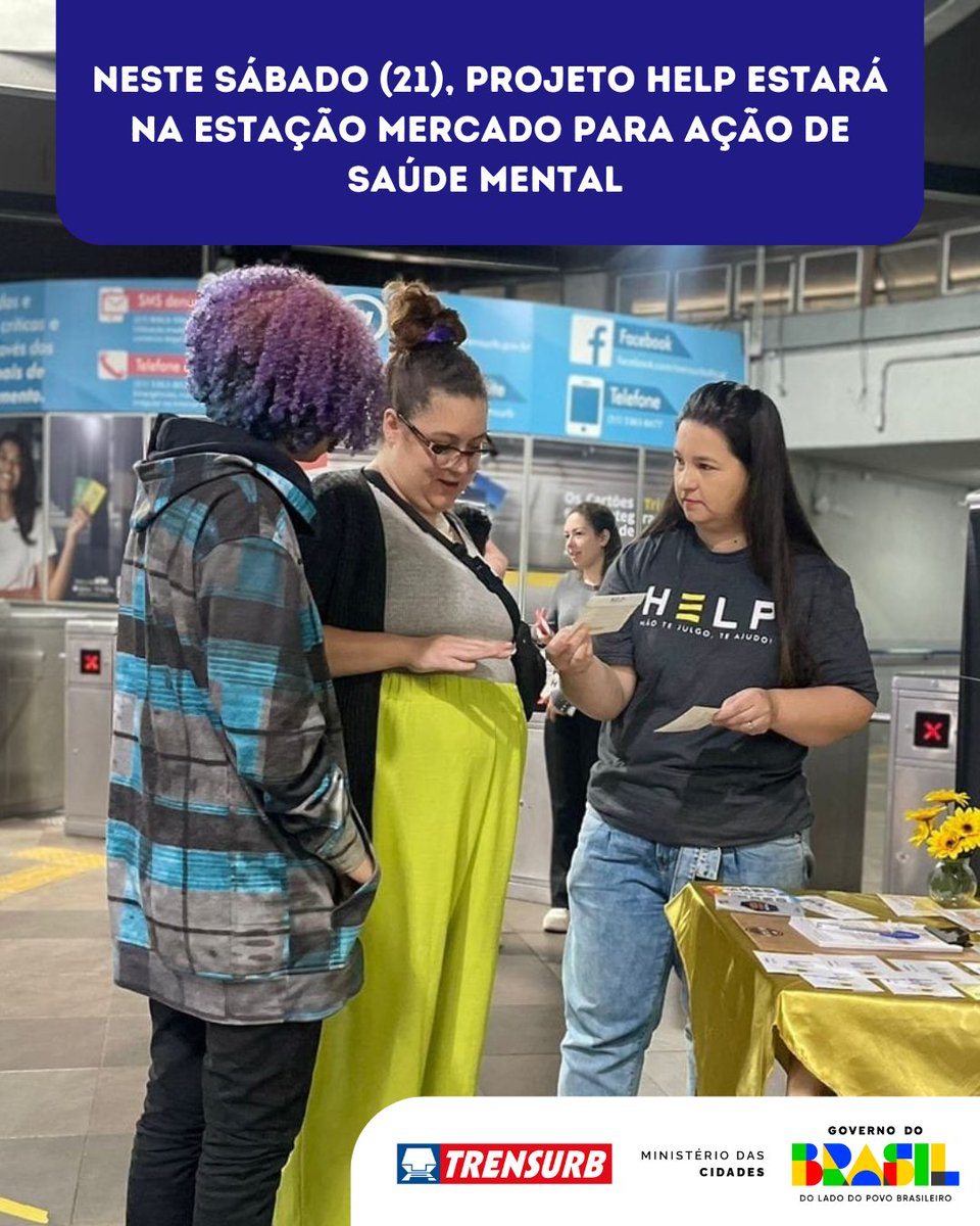 🎗️ Neste sábado (21), das 10h às 12h, o Projeto Help estará na Estação Mercado para ação de saúde mental e valorização da vida! Participe da ação “Vidas sobre Trilhos”, onde a solidariedade e o carinho se encontram. #ProjetoHelp #AçaoSocial #Comunidade