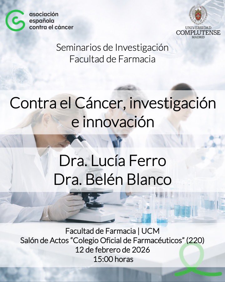 📢 Ciclo #Seminarios de Investigación <a href="/ffarmaciaUCM/">Facultad Farmacia UCM</a> 

🧪 Contra el #Cáncer, investigación e innovación 🧬
🎙 Dra. L Ferro y Dra. B Blanco

📍 Salón de Actos “Colegio Oficial de Farmacéuticos” (220)
🗓 Jueves 12 de febrero | ⏰ 15:00 h

¡Os esperamos!
#Investigación #Cáncer #UCM