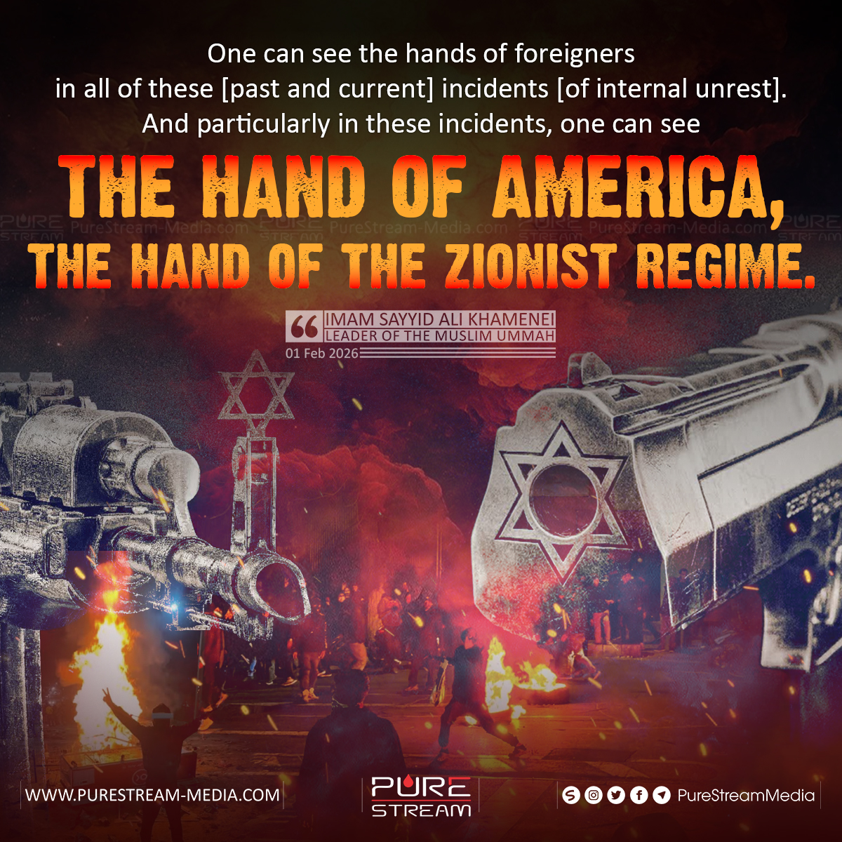 PureStream02's tweet image. “One can see the hands of foreigners in all of these [past and current] incidents [of internal unrest]. And particularly in these incidents, one can see the hand of America, the hand of the Zionist regime." 

#ImamKhamenei #Khamenei #America #USA #ZionistRegime #Zionist #israel