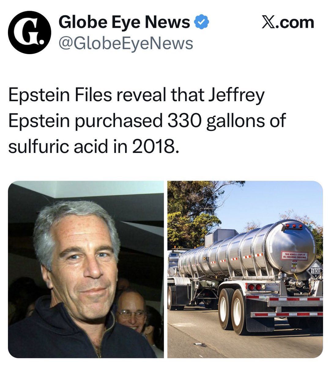 VictorSinclair3's tweet photo. Jeffrey Epstein a acheté 330 gallons (~ 1250 L) d’acide sulfurique en 2018. 
Option 1 : pour déboucher les chiottes ?
Option 2 : pour faire disparaître « des trucs gênants » ?
… https://t.co/BiHK3DTMTG