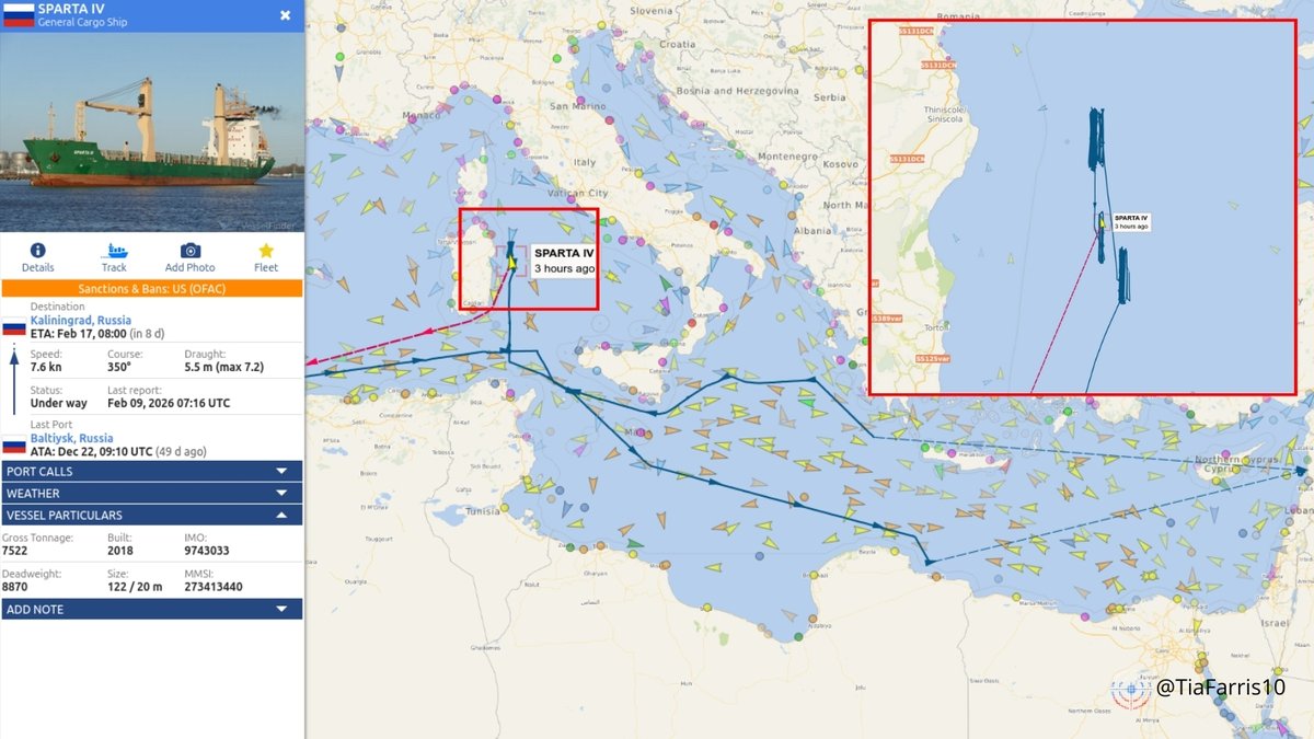The 🇷🇺Russian cargo Sparta IV (IMO 9743033) is part of Moscow’s shadow fleet, routinely used to move military and special cargo, and under international sanctions.

Since February 4, Sparta IV has engaged in abnormal activity off 🇮🇹Sardinia.
Instead of transiting toward