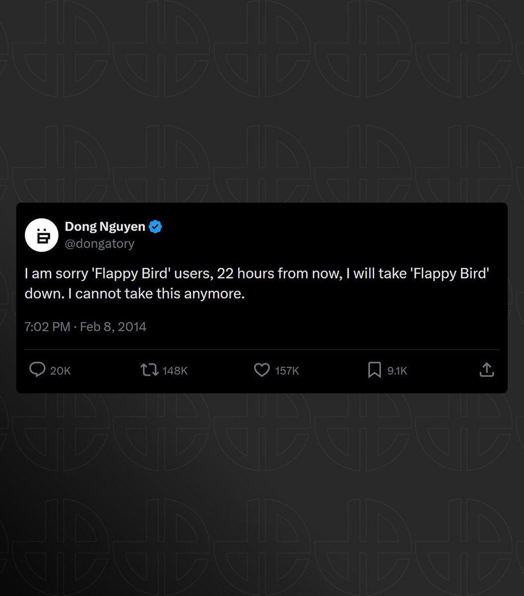 Flappy Bird was removed from the App Store by its creator on this day 12 years ago 

“I cannot take this anymore”