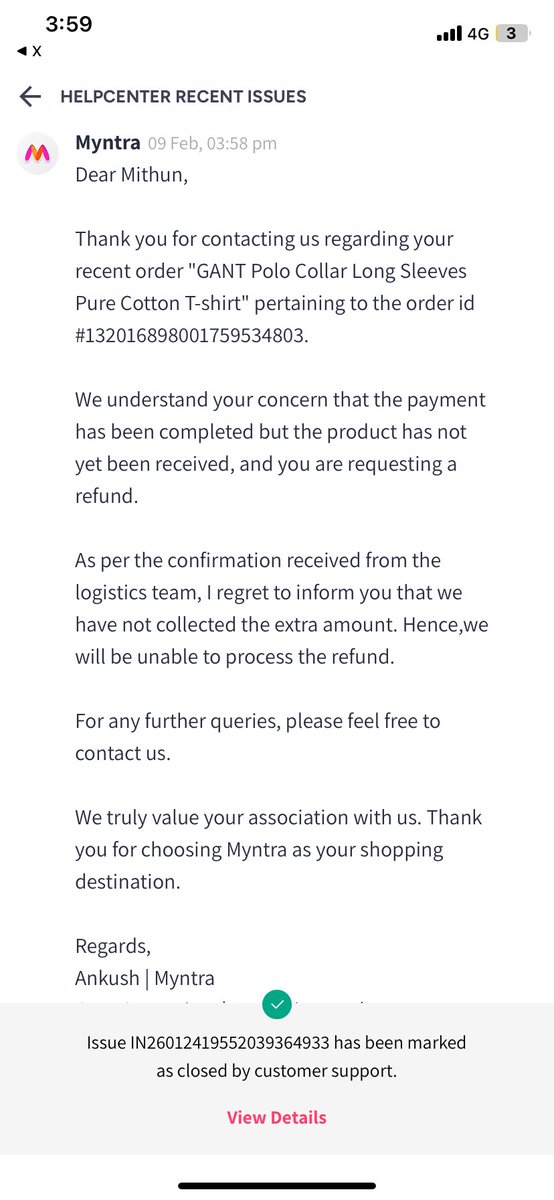 Mithunnair03's tweet photo. PUBLIC RECORD — REPEATED MISREPRESENTATION OF A CONSUMER GRIEVANCE

This is now the 6th time Myntra has sent the same incorrect response and closed my complaint — including replies from support, escalation desk, and case managers.

Every response repeats the line: “no extra amount collected.”

I HAVE NEVER CLAIMED ANY “EXTRA AMOUNT” WAS COLLECTED.

This is a COD order paid via UPI, where:
• Payment was successfully debited
• Google Pay UPI Transaction ID has been provided multiple times
• Payment went to Delhivery Limited (official partner)
• Product was never delivered
• Order was later cancelled

Repeatedly responding to a fabricated claim instead of the real complaint is not an error — it is procedural abuse designed to justify auto-closure of tickets without resolution.

After a confirmed UPI debit, saying “not received in our system” is an internal reconciliation failure. Pushing this failure onto the customer and marking the issue “resolved” is bad-faith grievance handling.

Myntra has:
• Not disputed the validity of the UPI transaction ID
• Not traced the payment via Delhivery / UPI rails
• Not explained where the debited money went
• Yet continues to close the complaint

This is no longer about ₹4,971.
It is about systemic misuse of customer-support processes, SLA-driven closures, and suppression of valid consumer grievances.

Placing this on public record for regulatory, payment-network, and platform scrutiny.

@myntra @Delhivery @GooglePayIndia
@consumeraffairs @jagograhakjago @NPCI_NPCI @RBI
@X @Meta @Instagram @LinkedIn @YouTube @flipkartsupport @ndtv @htTweets @GooglePay @UPI_NPCI @NPCI_BHIM 

#ConsumerRights #UPI #EcommerceGovernance #CustomerGrievance #India #Myntra