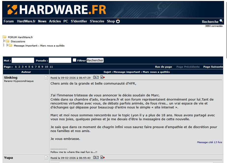 Le fondateur d'un des Forums le plus connu de l'internet Français (Marc Prieur) s'en est allé... Un jour triste pour l'Internet 1.0  Topic : forum.hardware.fr/hfr/Discussion…
Autre Source : boursier.com/actions/actual…