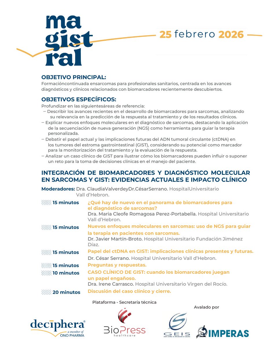 proyectoimperas's tweet photo. Agenda formativa | Próximos eventos
🔹 3rd N.O.D.E. Bone Pathology Session 17 feb 2026 | 16:00 CET Dr. Fernanda Amary

🔹 IMPERAS Sarcoma Educational Session 24 feb | 16:30 CET Dr. Luis Pérez-Casanova
🔹 MaGISTraL · Programa Educativo 2026 5 feb 2026 | 16:30–18:00 h https://t.co/iHGH26lcR7