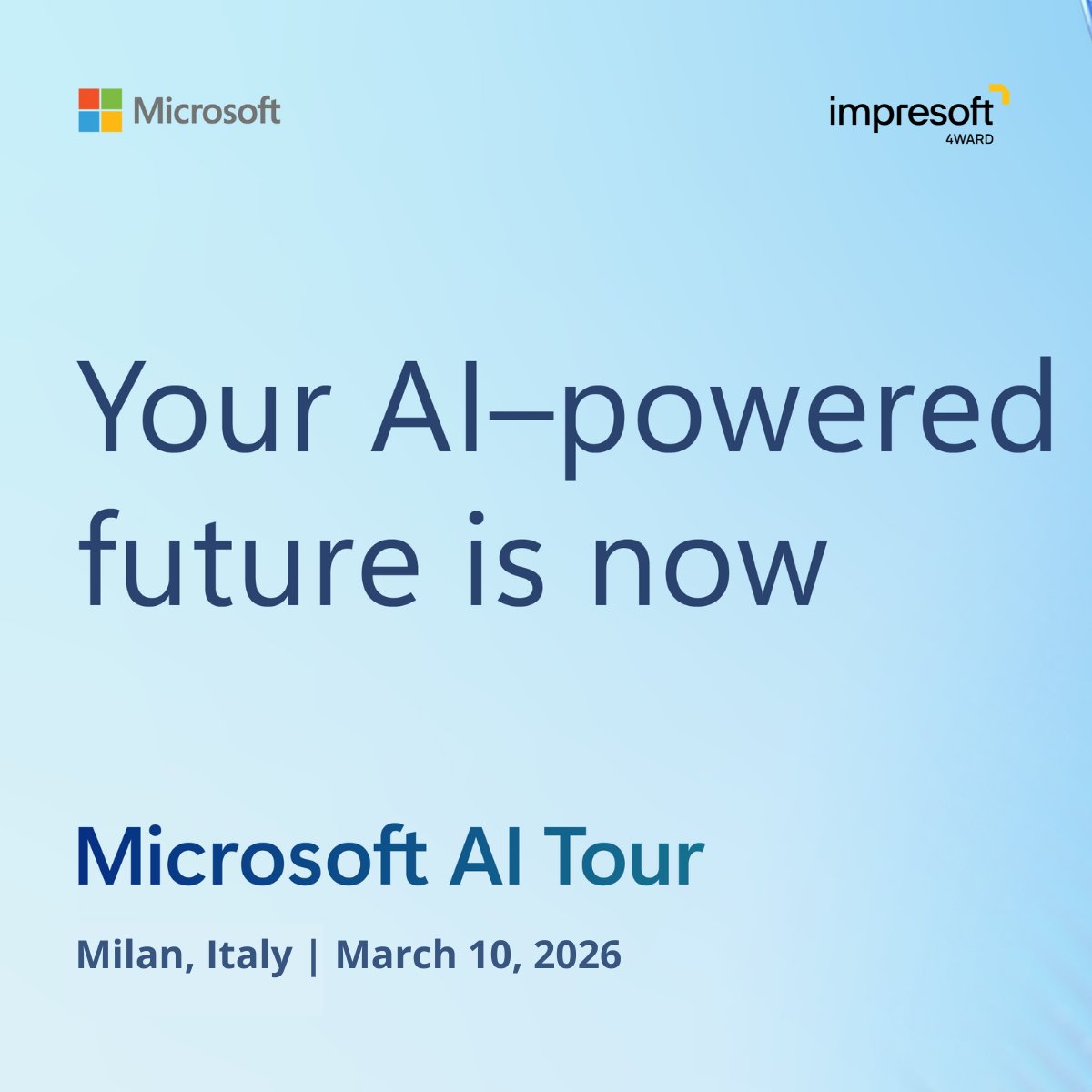 #Impresoft4ward parteciperà al 𝐌𝐢𝐜𝐫𝐨𝐬𝐨𝐟𝐭 𝐀𝐈 𝐓𝐨𝐮𝐫!
Chi visiterà il nostro stand non troverà demo teoriche, ma 𝐞𝐬𝐩𝐞𝐫𝐢𝐞𝐧𝐳𝐞 𝐜𝐨𝐧𝐜𝐫𝐞𝐭𝐞 e 𝐜𝐚𝐬𝐢 𝐝’𝐮𝐬𝐨 𝐫𝐞𝐚𝐥𝐢 che stanno già generando valore misurabile.

👉Ti aspettiamo: eu1.hubs.ly/H0rzJyc0