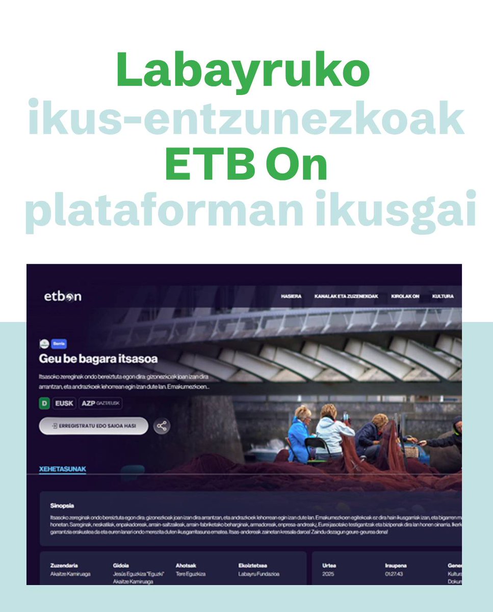 labayrufundazio's tweet photo. Gaurtik aurrera, Labayru Fundazioaren ikus-entzunezkoak ETBOn-eko Kultura orrialdean eskuragarri.
Euskal hizkuntza eta kulturari lotutako edukiak denon eskura.
🔗 https://t.co/1gkUHrpoHK
#Labayru #Euskara #Kultura #ETBOn https://t.co/73QWivG3ag