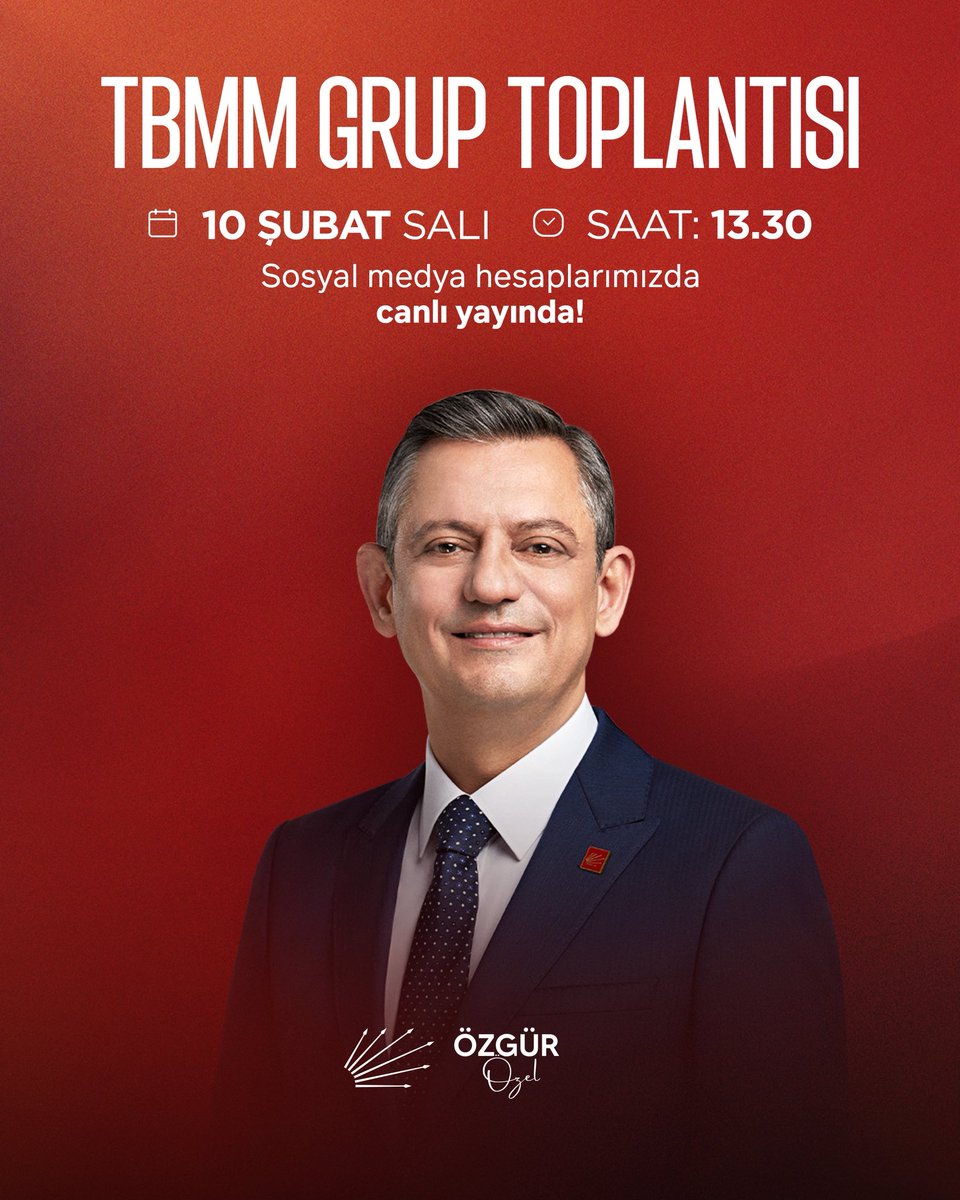 Genel Başkanımız Sayın Özgür Özel, yarın partimizin haftalık TBMM grup toplantısında konuşacak.

🗓️ 10 Şubat Salı
⏰ 13.30