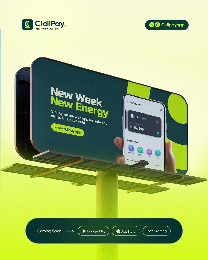 CidipayApp's tweet photo. New week. New energy. 💚
Sign up on Cidipay for safe and stress-free payments.
Pay bills ✅
Send money ✅
Receive money ✅
Coming soon:
📱 Google Play & App Store
🔄 P2P Trading
Start today: https://t.co/h5FCk0K1DZ
#Cidipay #NewWeek https://t.co/Ja95GtfP1C