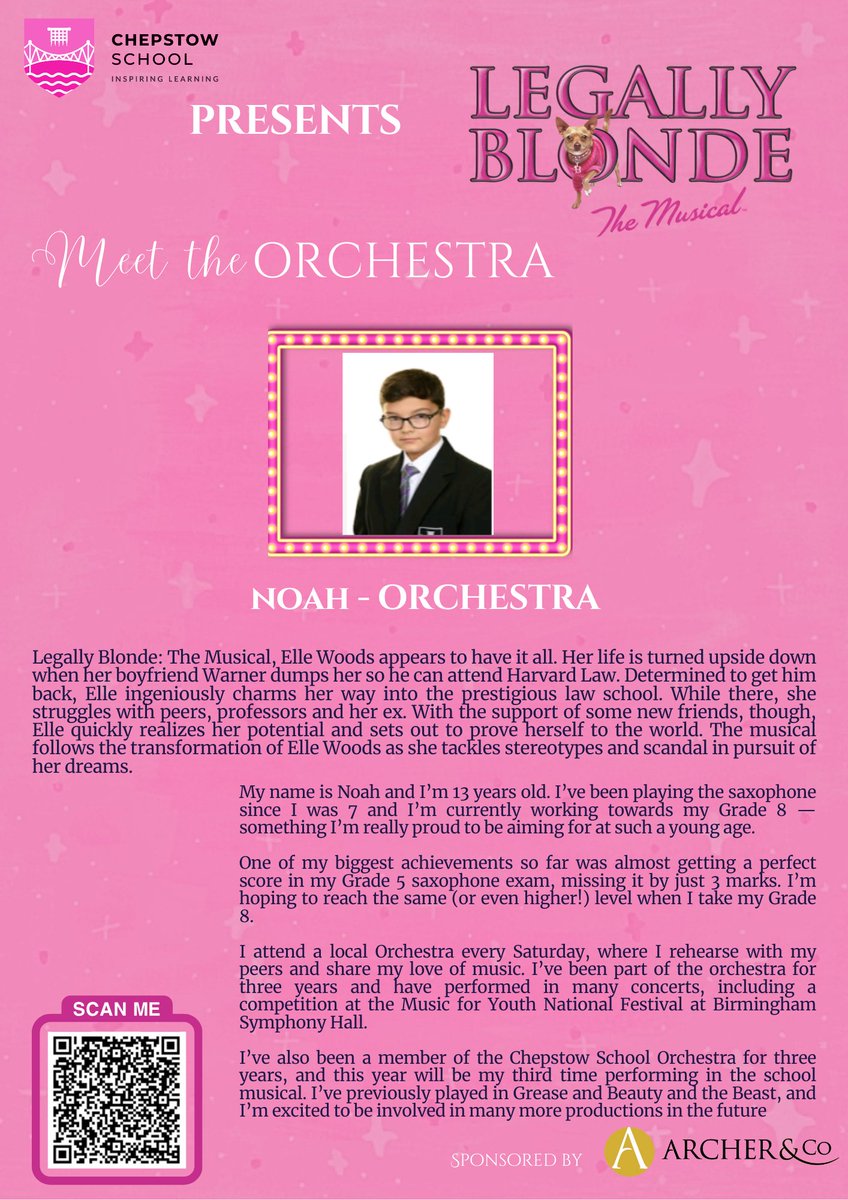 chepstowschool's tweet photo. ⭐️MEET THE ORCHESTRA ⭐️
Today, we’re shining a spotlight on Noah.

Tomorrow is opening night of Legally Blonde, and we’re sold out.

Thank you for the amazing support—we’re really looking forward to it 💖 https://t.co/qe1y4Yasmg