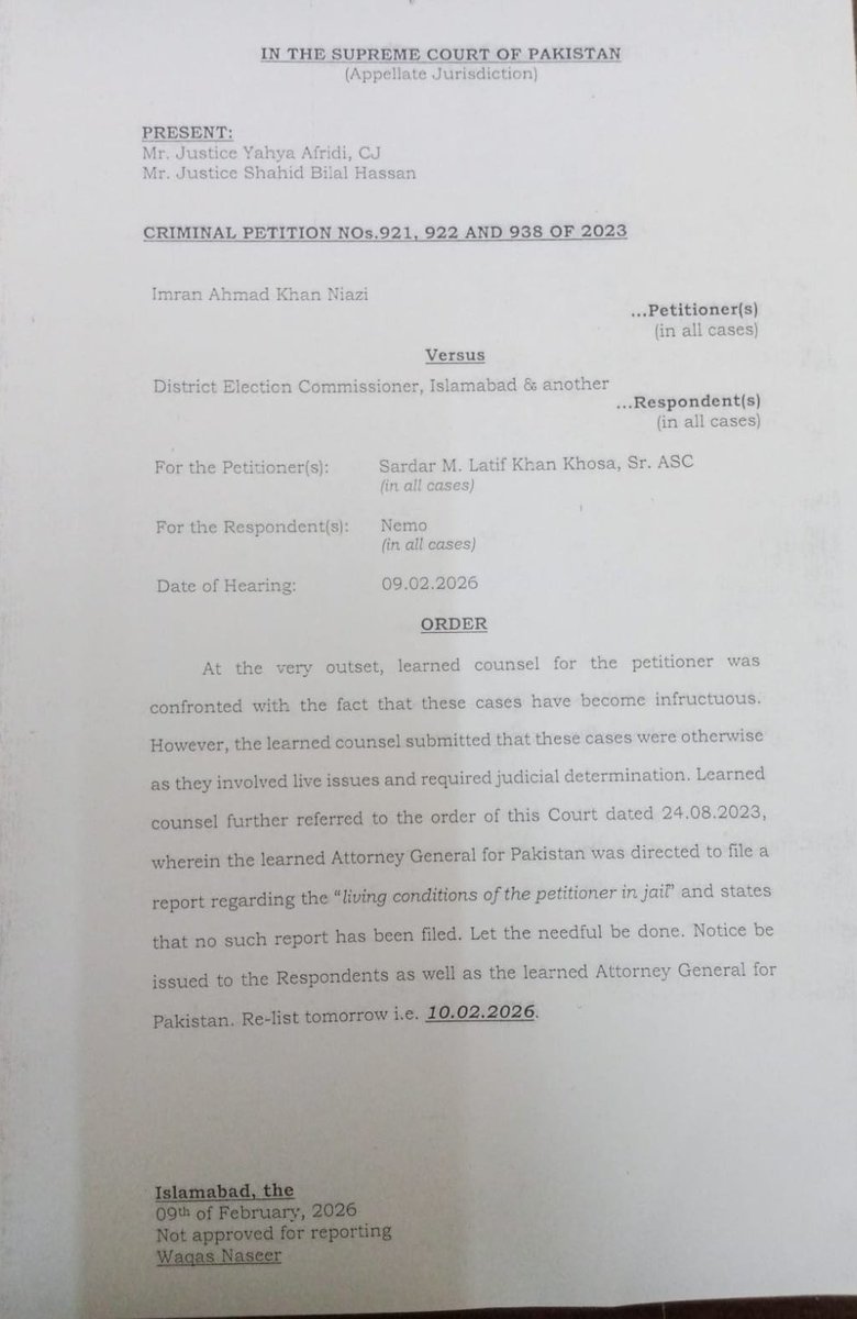 MDmudassir687's tweet photo. عمران خان کے مقدمات، تحریری حکمنامہ جاری ، سپریم کورٹ نے عمران خان کی جیل میں living conditions سے متعلق رپورٹ طلب کر لی۔

عمران خان کے وکیل نے سپریم کورٹ کے 24 اگست 2023 کے آرڈر کی طرف نشاندہی کی، حکمنامہ

اس آرڈر میں عمران خان کی جیل حالت سے متعلق اٹارنی جنرل سے رپورٹ مانگی https://t.co/XT7QSzVjW2