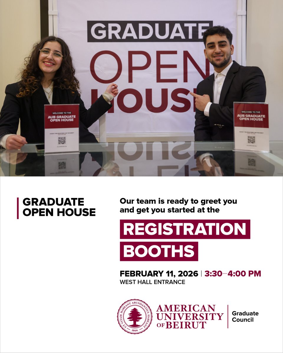 AUBGradCouncil's tweet photo. Looking forward to meeting you at the Graduate Studies Open House! Register now: https://t.co/idb32XbfIG
Check out the schedule here: https://t.co/IhMdIgC8q6
#AUB #AUBOpenHouse #OpenHouse #Masters #PhD #GraduateStudies #GraduatePrograms https://t.co/39nut6Cvmx
