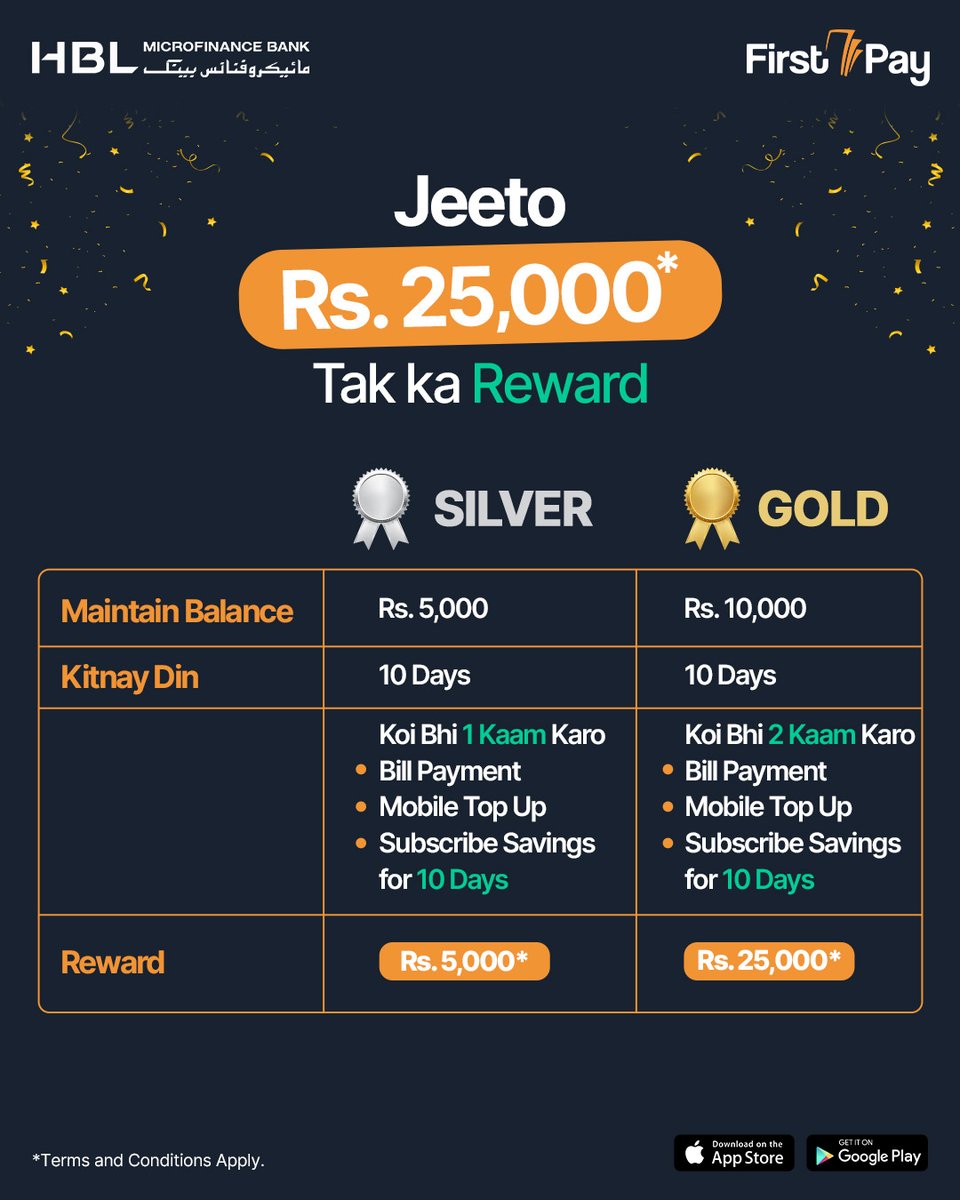 HBLMfBDigital's tweet photo. FirstPay Rewards are here!
SILVER: Maintain Rs. 5k + 1 Task
GOLD: Maintain Rs. 10k + 2 Tasks
Tasks: Bill PaymentMobile Top-up Savings Sub
(10-day balance requirement applies)
#FirstPay #HBLMfB #WinBig https://t.co/V9MavCRO6o