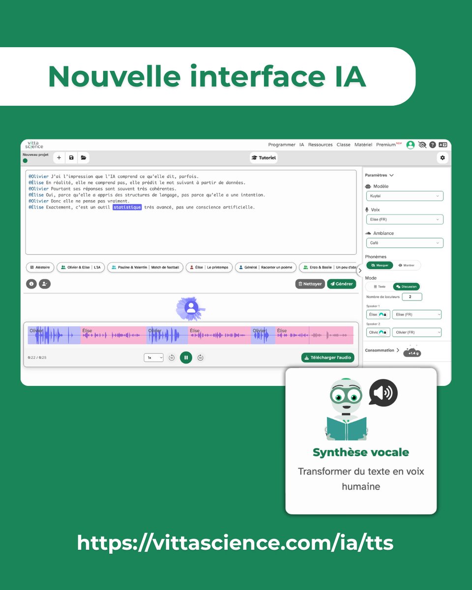 Et si vos textes prenaient enfin la parole ? 💭

Découvrez notre nouvelle interface d’intelligence artificielle dédiée à la synthèse vocale, conçue pour donner vie à vos projets pédagogiques, créatifs ou expérimentaux.

Vous pouvez, dès maintenant :

🗣️ Générer des voix à partir