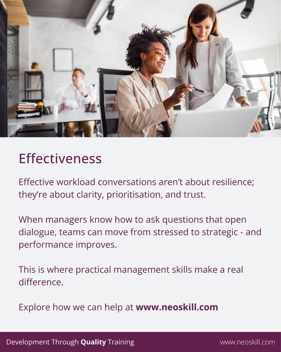 NeoskillLtd's tweet image. Workload conversations fail when managers ask “Can you cope?” instead of “What’s realistic?”, priorities aren’t clear &amp;amp; people fear speaking up.

Effective conversations are about #clarity, #trust &amp;amp; #prioritisation, not resilience.

Learn more: t.ly/ETOPQ
#Leadership