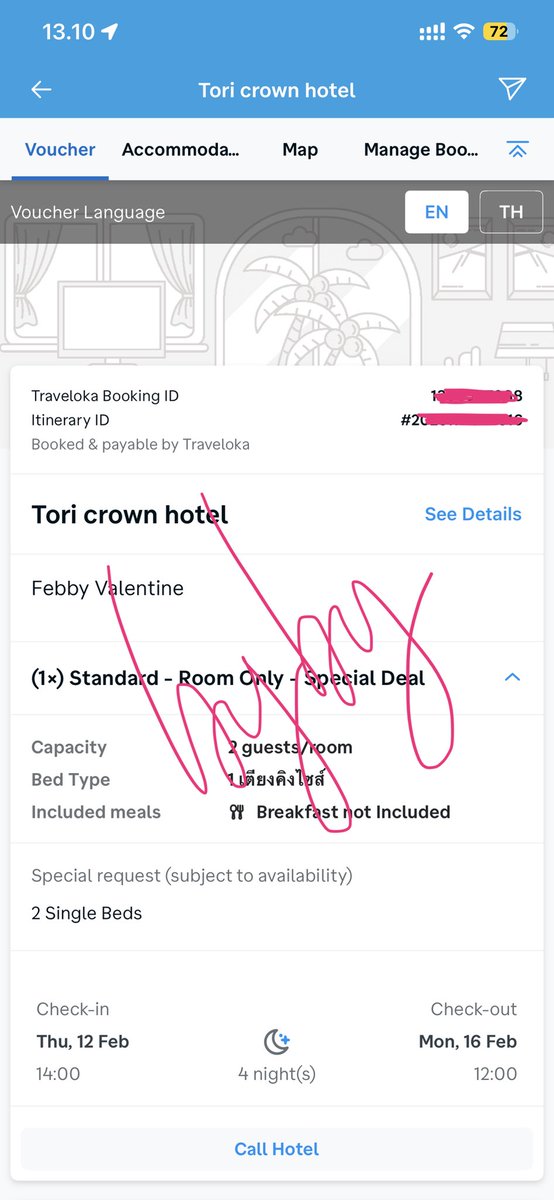 [rt &amp; like appreciated]
WTS want to sell 

voucher e-ticket hotel tori crown pratunam bangkok for 2 pax + inc breakfast
🗓️tgl 12-16 feb 2026 (4N)

💵harga beli: IDR 2.203.086
💰harga jual: IDR 2.000.000 (negotiable - yg wajar ya negonya🥲)

bisa untuk sm town 
dm ya detailnya
