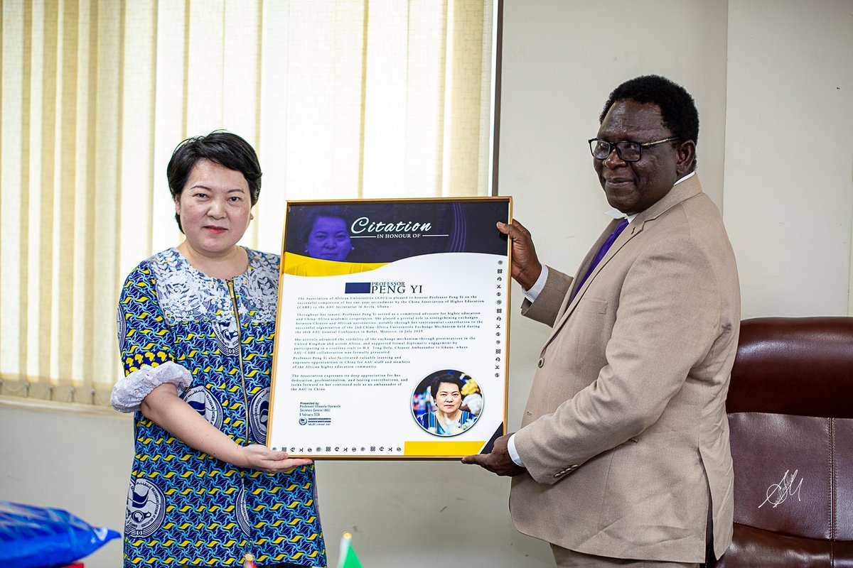 AAU_67's tweet photo. AAU Honours Professor Peng Yi 🇨🇳🤝🌍

The Association of African Universities (AAU) held a farewell gathering in honour of Professor Peng Yi on Friday, February 6, marking the successful completion of her one-year secondment from the China Association of Higher Education (CAHE) to the AAU Secretariat in Accra, Ghana.

During her tenure, Prof. Peng Yi was a passionate advocate for higher education and China–Africa academic cooperation. She played a pivotal role in strengthening partnerships between African and Chinese universities, advanced the visibility of the exchange mechanism, and supported high-level diplomatic engagements.

The AAU expresses its deep appreciation for her dedication, professionalism, and unwavering belief that every task must be done and done well. In recognition of her outstanding contributions, Professor Peng Yi has been appointed an AAU Ambassador to China for a five-year term.

We look forward to her continued support and collaboration as a strong ambassador for African higher education. 🌍✨

#AAU #ChinaAfricaCooperation #HigherEducation #AcademicPartnerships #AAUAmbassador #GlobalCollaboration