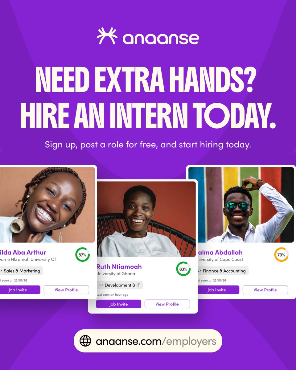Interns bring fresh ideas, energy, and support. Find the right interns on anaanse today.
Sign up for free in minutes as an employer and share your roles with our early-talent community.

Get started: anaanse.com/employers 💜