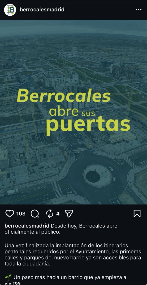 Los_berrocales's tweet photo. Confirmado! Desde hoy 09/02/2026, “las primeras calles у parques del nuevo barrio ya son accesibles para toda la ciudadanía.” 🏘️🌳🔝
Informa: Los Berrocales - Cuenta oficial de Instagram.

#Losberrocales #Sureste #Madrid https://t.co/ONMFIF71SG