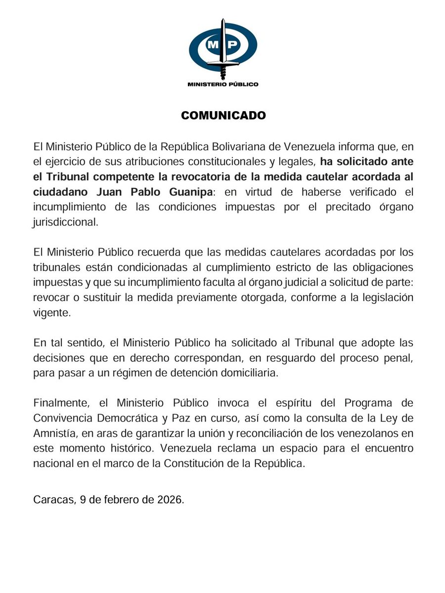 Gbastidas's tweet photo. En la madrugada de este lunes #9Feb, el despacho de Tarek William Saab emitió dos comunicados tras el nuevo secuestro de Juan Pablo Guanipa.

El primero tenía un error en el nombre, decía "Juan Carlos Guanipa".

El segundo asegura que revocaron la boleta de excarcelación por un supuesto incumplimiento de las medidas cautelares que le habían sido impuestas, por lo cual fue nuevamente detenido y será sometido a régimen de prisión domiciliaria.

Sin embargo, en la boleta de excarcelación consta que las restricciones que tenía eran presentación periódica ante el tribunal de la causa y prohibición de salida del país. Ninguna de las dos fue incumplida.