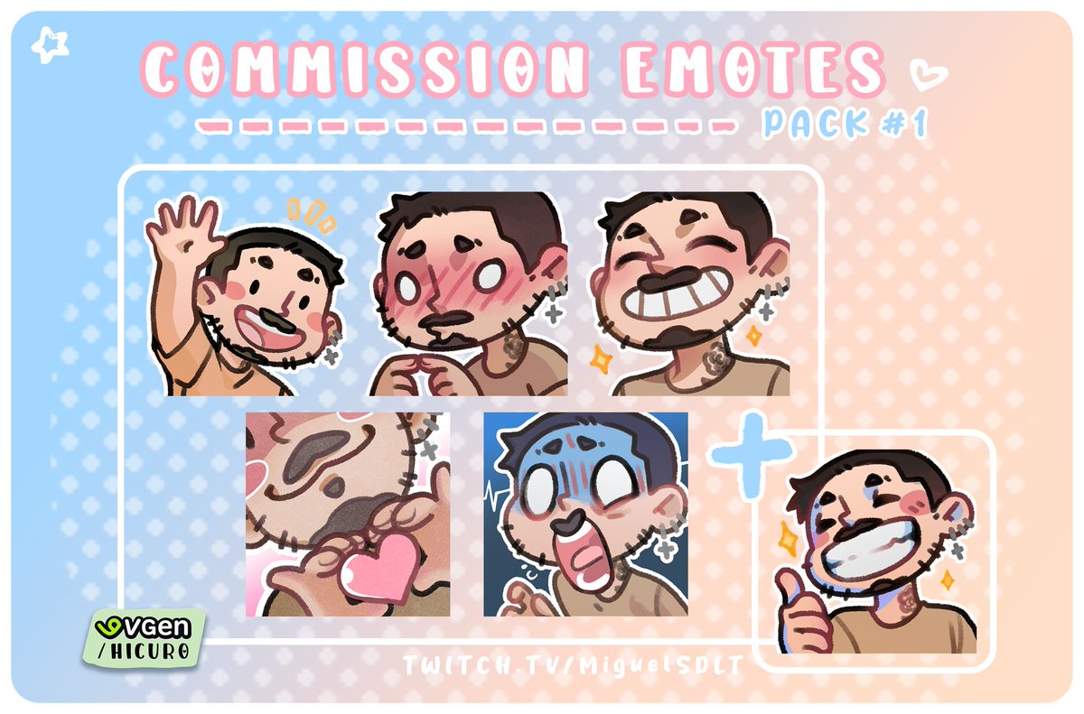 [Vgen Commission]
Merci à l'ami streameur Miguelsdlt pour sa commande d'emotes pour sa chaîne Twitch !

Si toi aussi tu souhaites commander des super emotes personnalisables, tout se passe sur : vgen.co/Hicuro

#emote #commissionart  #twitch #streamers #vgen