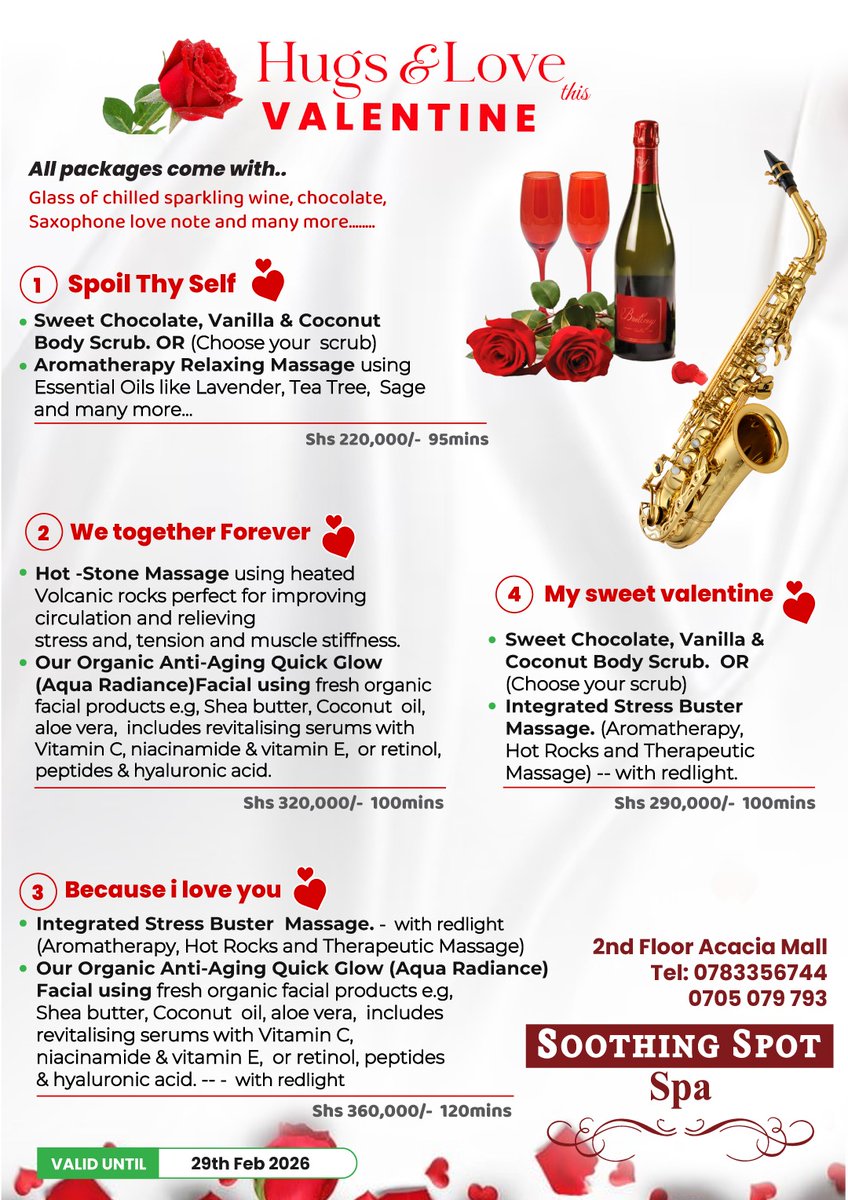 SoothingSpotSpa's tweet photo. Treat yourself or your loved one to any of our beautiful Valentine packages. 
Book your session today 
+ 256 783 356 744
+256 705 079 794 https://t.co/lLrJuAFspL