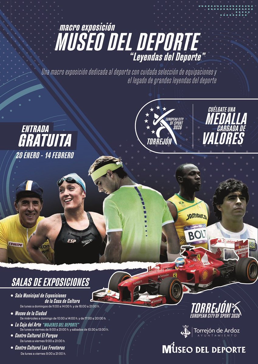 Ayto_Torrejon's tweet photo. DEPORTES | Las salas de exposiciones de la ciudad acogen la macro exposición Museo del Deporte “Leyendas del Deporte” 
🎟️ Entrada gratuita
#TorrejónDeArdoz @TorrejonDxte @torrejoncultura @LaCajaDelArte @MuseodeTorrejon 
🔗 https://t.co/7v18rGtfBE https://t.co/VwJxkLT06m
