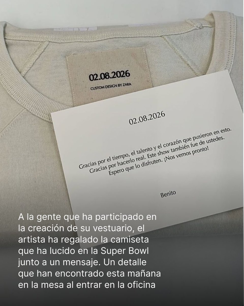 vanitatis's tweet photo. El regalo de Bad Bunny a los trabajadores de @ZARA.

Esta mañana, al entrar en la oficina, los responsables de la creación de su vestuario se han encontrado este regalo en su mesa. La camiseta que ha lucido en la #SuperBowl y un precioso mensaje

https://t.co/jgVKjLjdZ7 https://t.co/nyol2U1iN4