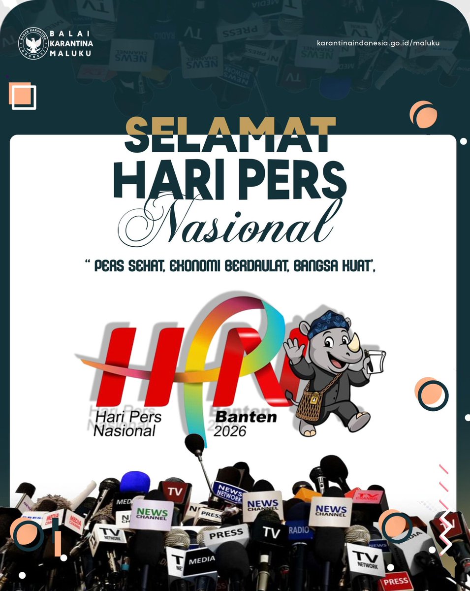 karantinamaluku's tweet photo. Selamat Hari Pers Nasional 2026! ๐ฐโจ Pers Sehat, Ekonomi Berdaulat, Bangsa Kuat. Bersama pers yang berintegritas, kita kawal kesehatan hayati Indonesia. #HariPersNasional2026 #Barantin #PersSehat https://t.co/YK01xVwMn2