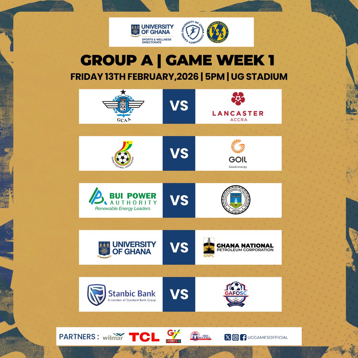 uggamesofficial's tweet image. Game Week 1 is locked in for the UG Corporate Football League 2026 ! 

Group A &amp;amp; Group B
Big institutions. Big rivalries. Two pitches 

📍 UG Stadium &amp;amp; UG stadium warmup pitch 
  Friday, 13th February 2026, from 5PM.

#ugcorporatefootballleague #ugcfl25