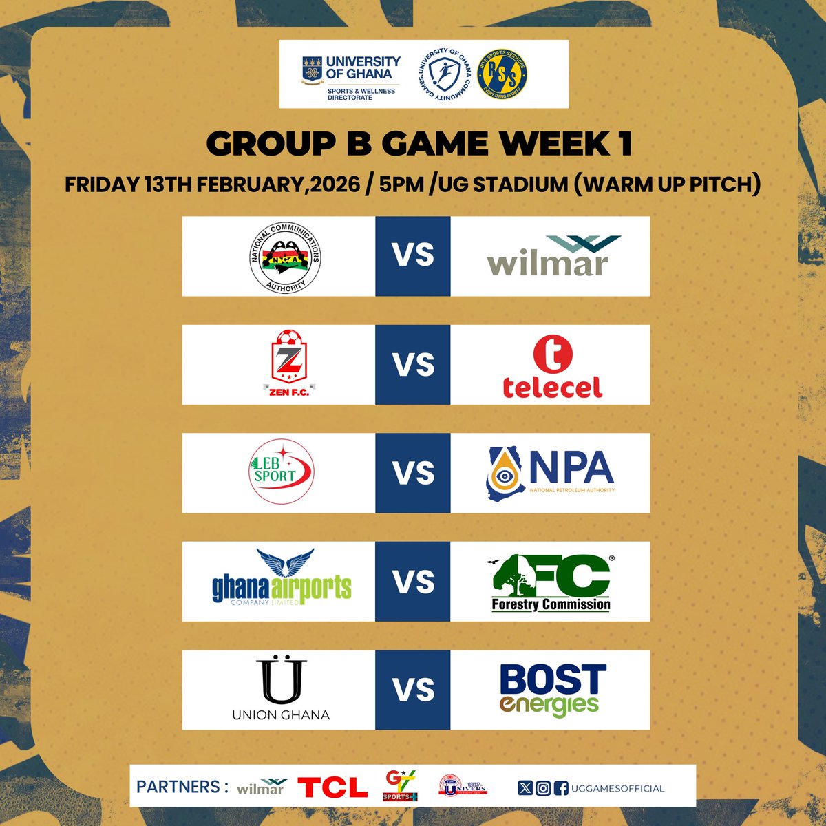 uggamesofficial's tweet image. Game Week 1 is locked in for the UG Corporate Football League 2026 ! 

Group A &amp;amp; Group B
Big institutions. Big rivalries. Two pitches 

📍 UG Stadium &amp;amp; UG stadium warmup pitch 
  Friday, 13th February 2026, from 5PM.

#ugcorporatefootballleague #ugcfl25