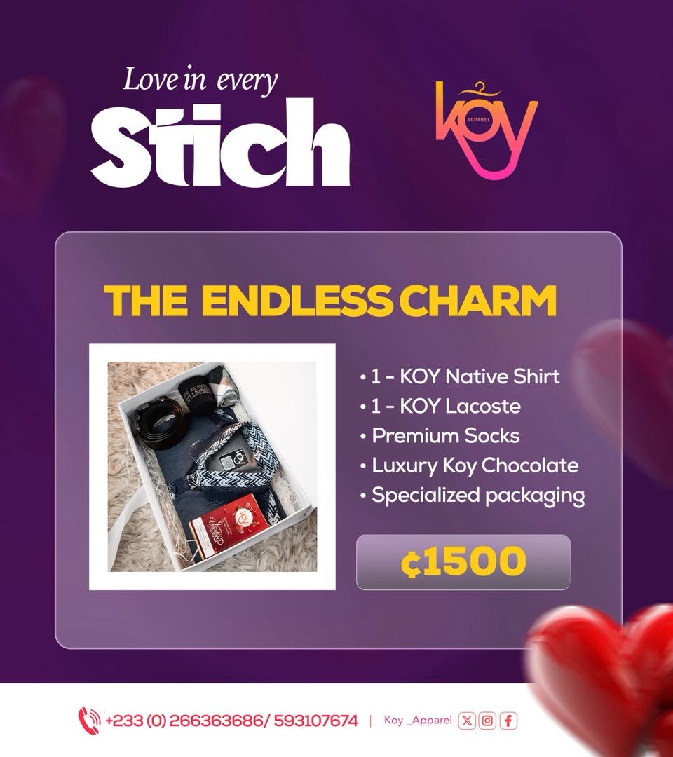 KoyApparel's tweet photo. 💕 THE ENDLESS CHARM — GHS 1,500

Hello ❤️

For everyday style with an elevated touch,
meet THE ENDLESS CHARM Valentine package.

Includes:
• 1 Koy Native Shirt
• 1 Koy Lacoste
• Premium Socks
• Luxury Chocolate
• Valentine Packaging

💰 GHS 1,500 https://t.co/SXw93Oru8z