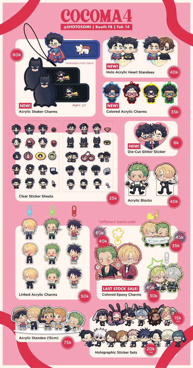 [🔁s &amp; 💗s super appreciated!]

OTS #COCOMA4 CATALOGUE 🎉 

📍: Booth F8 @ Dian Ballroom, Mall Ciputra (14 Feb)
🛍️ you can DM me for bookings/OTS pick-ups! (ran out of drive space sorry </3)

Fandoms: 
🏐 Haikyuu
🦇 DC 
🏴‍☠️ One Piece
+ Genshin, JJK, Alien Stage

#cocoma4catalogue