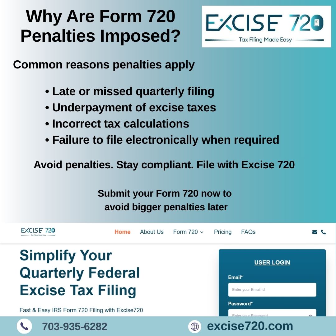 excise720's tweet image. Late or incorrect IRS Form 720 filing can result in penalties, interest, and compliance issues. Common reasons include missed quarterly deadlines.
With Excise 720, you can file Form 720 online 
Avoid penalties. Stay compliant. File Form 720 
#Form720 #IRSForm720 #ExciseTax