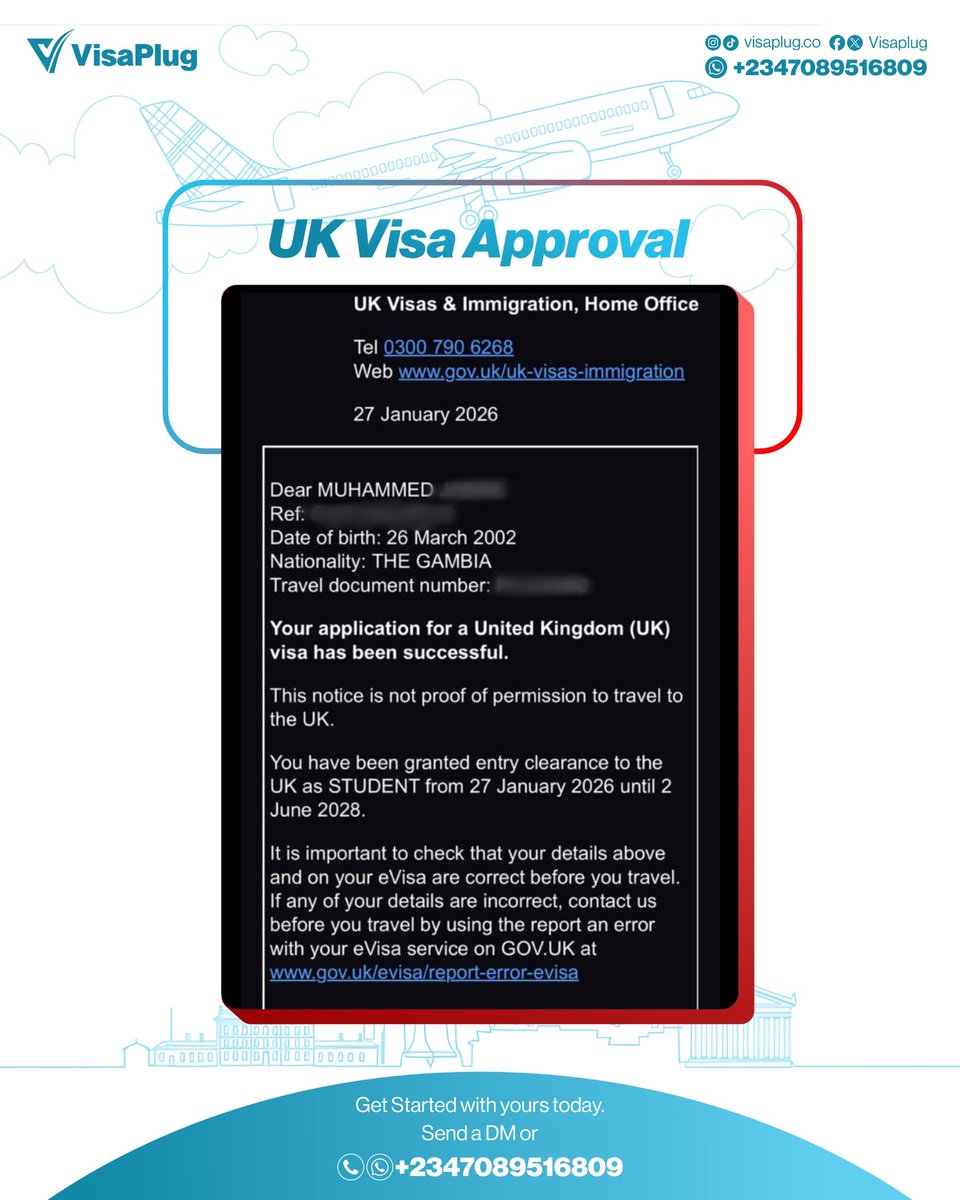 visa_plug's tweet photo. ๐ UK Student Visa Approved! ๐ฌ๐ง
At Visaplug, we guide you through every step. Start preparing the right way and increase your chances of visa approval.
๐ฉ Send us a DM now
๐ฒ Call / WhatsApp: +2347089516809
#Visaplug #StudyInUK #UKStudentVisa #I #VisaProcessing https://t.co/3dzrtpHSMY