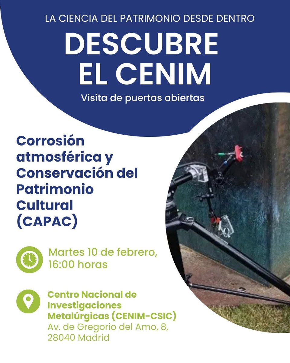 CSICCENIM's tweet photo. 🔜 Mañana, descubre la ciencia del metal en el patrimonio con @emiliocanod y su equipo de Corrosión atmosférica y conservación del patrimonio cultural #CAPAC por #CENIM @CSIC, junto a @GE_IIC 🤝 @PaisPti
ℹ️ https://t.co/4Or9AIH2Ag https://t.co/RBAvQMaHKU