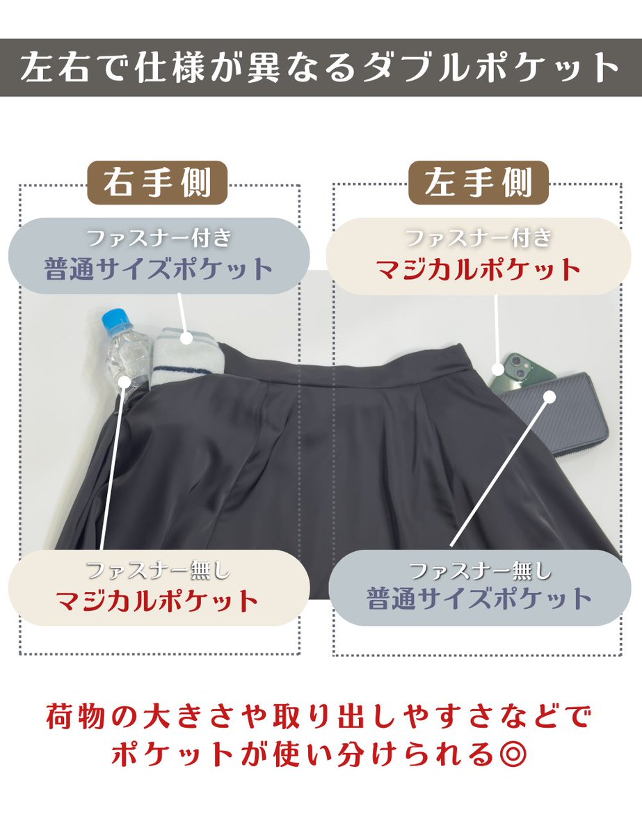 Motosuzukisan's tweet image. 合唱や演奏時、
貴重品を持ってきたいけど巻きスカートはポッケない😭 というわけで大容量ポケット付きサテンスカート作りました！

ウエストは90cmまでのフリーとスリムの2種。丈は4種類から選べるので、コーラスからオーケストラまで⭕️！

洗える・撥水・ノーアイロン・出張にも便利なポケッタブル♪