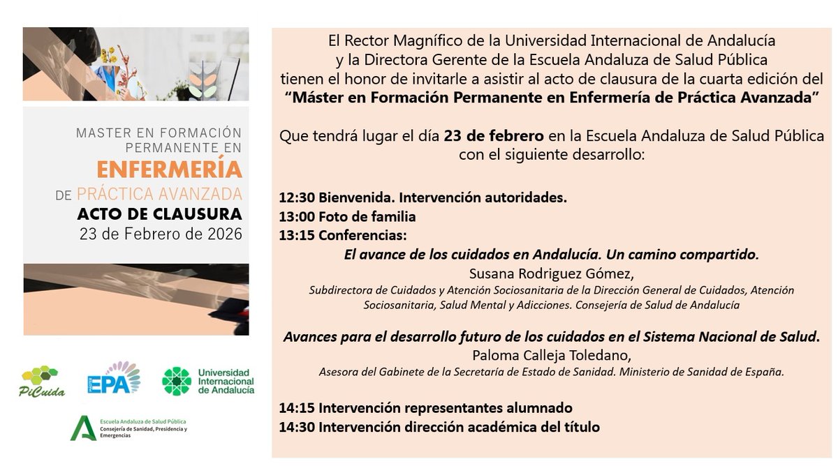 Acto de clausura de la cuarta edición del “Máster en Formación Permanente en Enfermería de Práctica Avanzada” <a href="/UNIAuniversidad/">Universidad Intern. de Andalucía</a> 

🗓️ 23 de febrero – 💺 Presencial EASP - 🖥️ o zoom
📝 No necesaria inscripción

ℹ️ easp.ws/epax